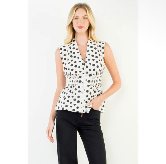 Polka dot sleeveless zipper top