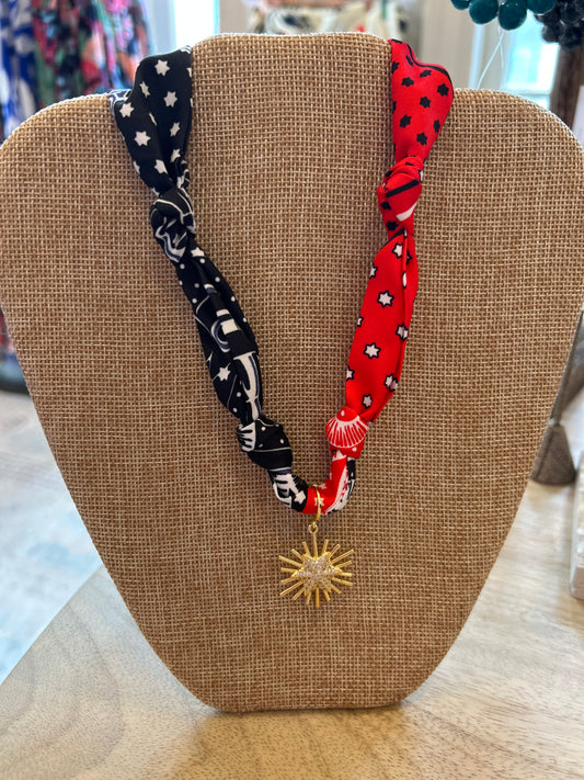 Black + Red Scarf Necklace with Bright Star
