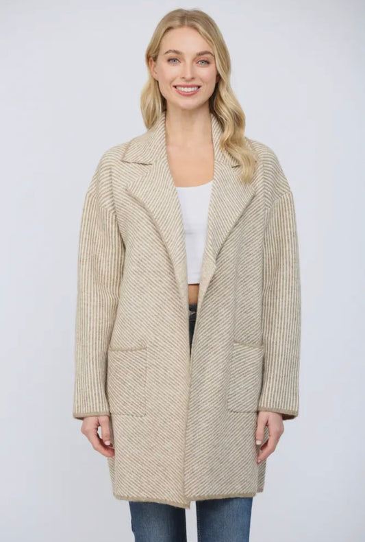 Diagonal Stripe Pattern Knit Open-Front Coat