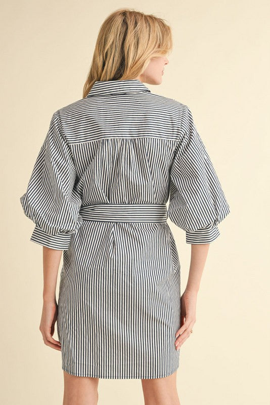 Striped Belted Shirt Dress in Navy
