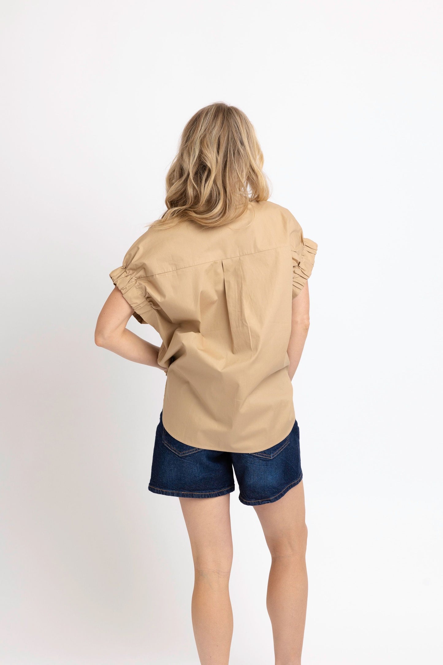 Solid Poplin Jeweled Top in Khaki