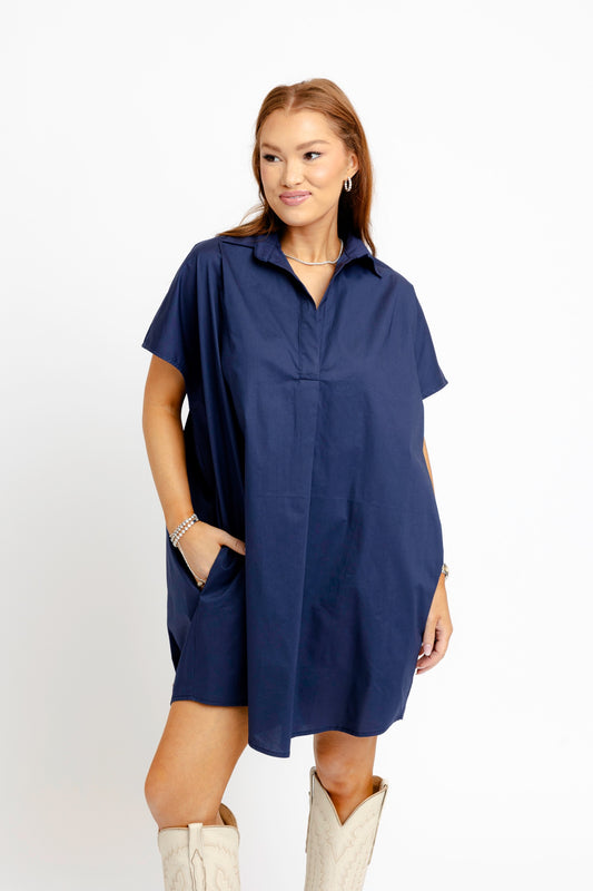 Solid Poplin V-Neck Collar Dress (Two Colors!)