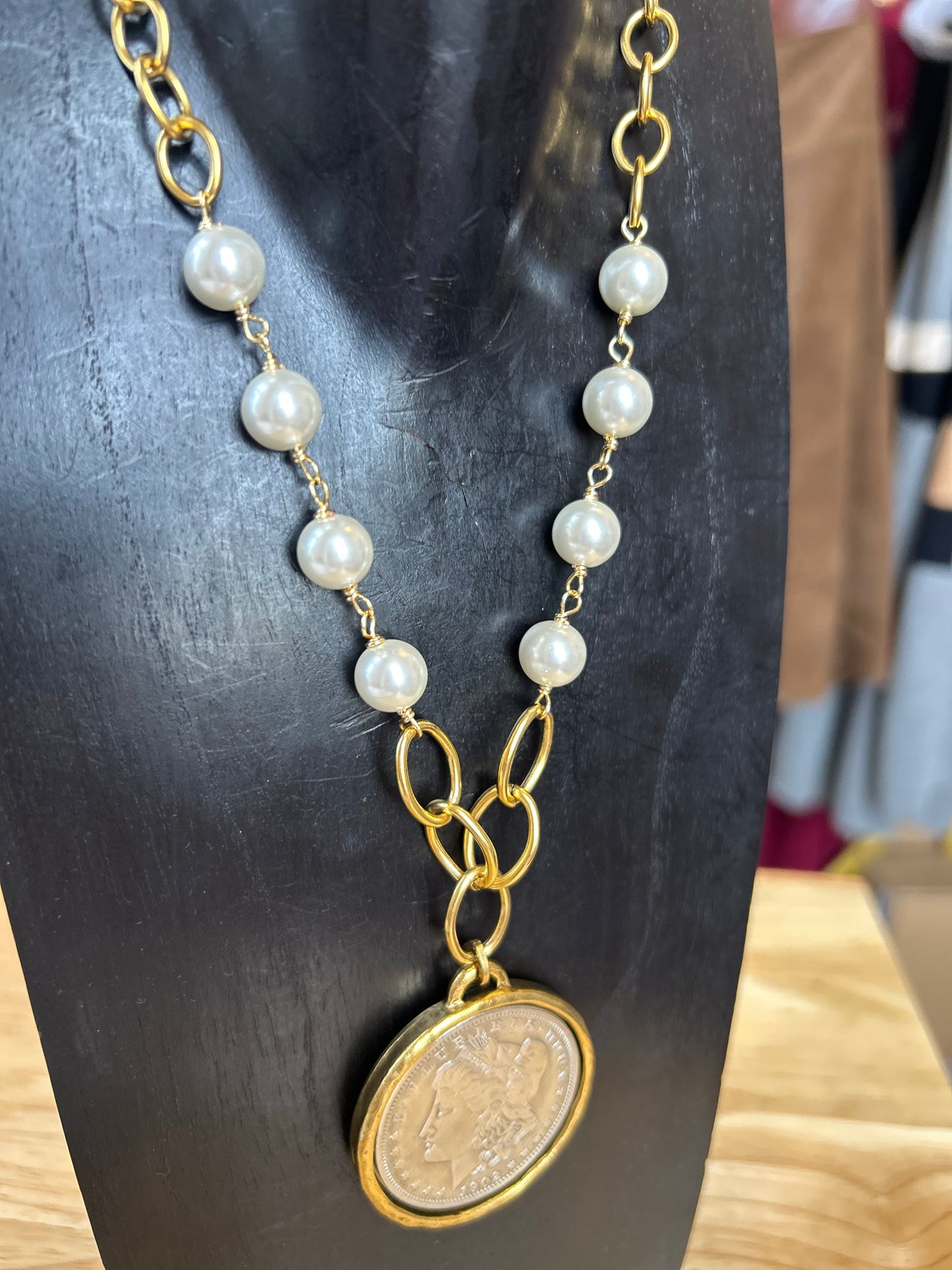Pearl chain coin necklace