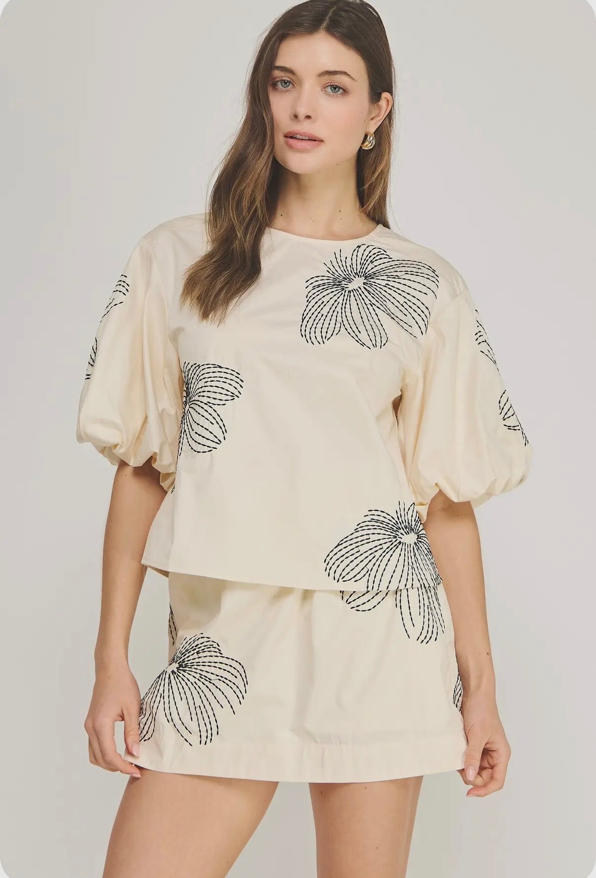Floral Embroidered Puff Sleeve Top and Smocked Waist Skort Set