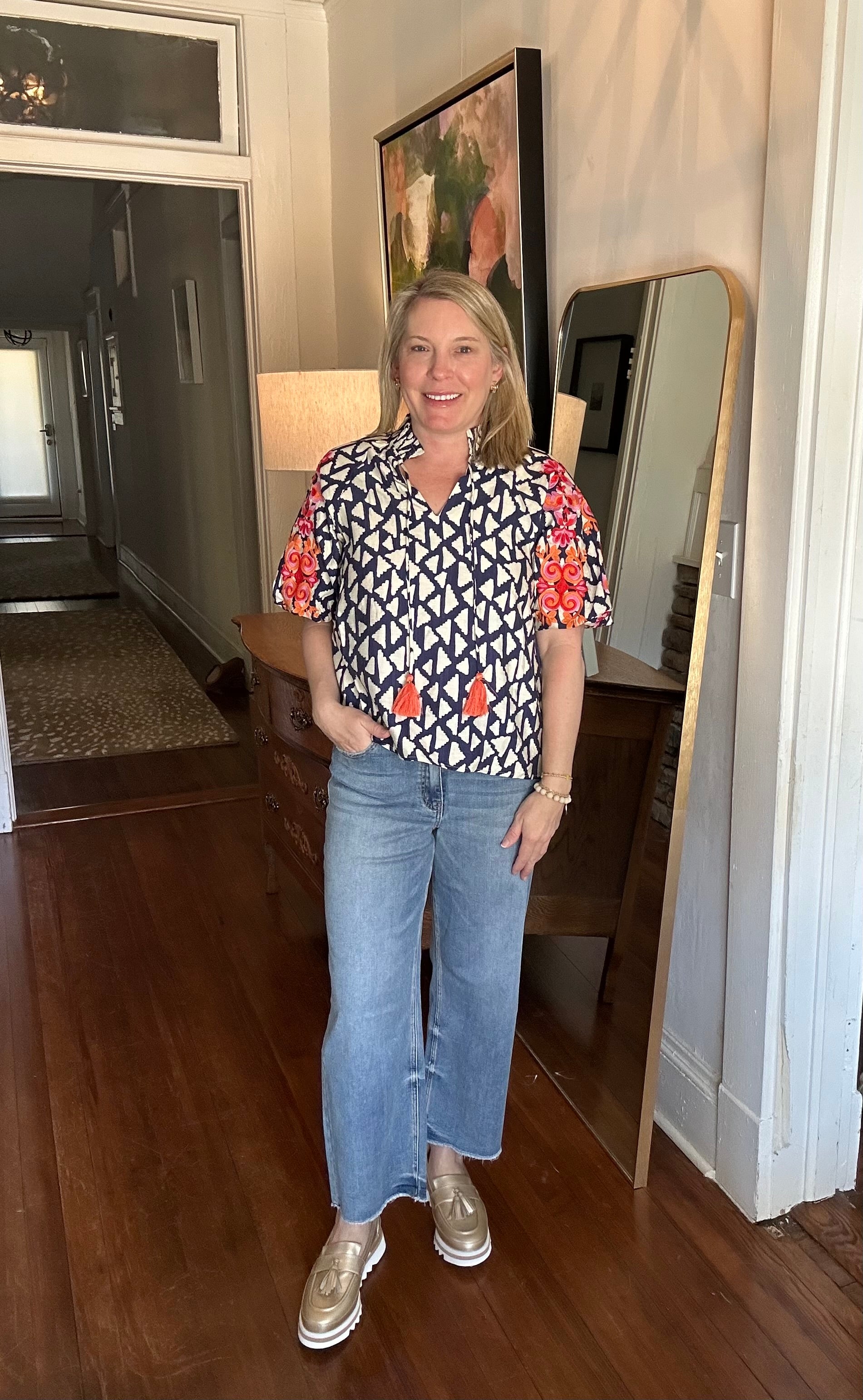 Embroidered, puff sleeve printed top by thml