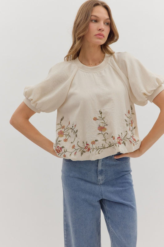 Puff sleeve embroidered top