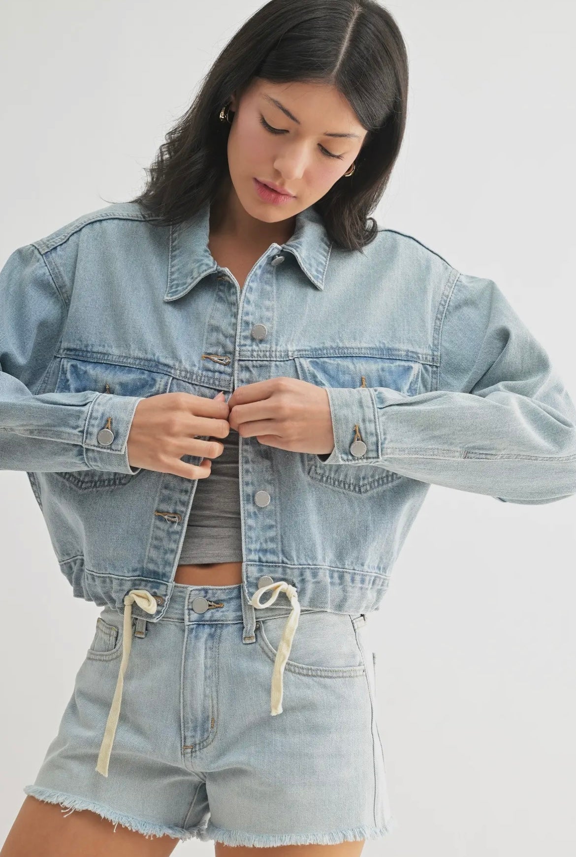 Tied Waist Denim Crop Jacket - Light Denim