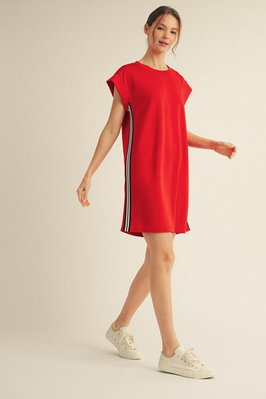Red dress with black + white stripes