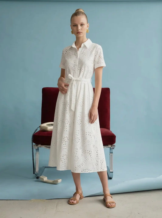 Eyelet Midi Dress with Belt