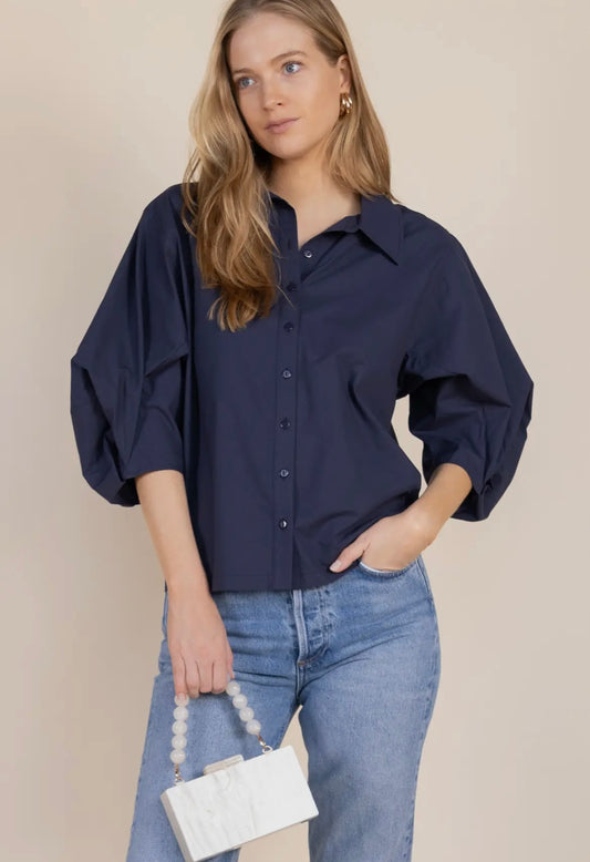 Poplin Bishop Sleeve Button Up Shirt