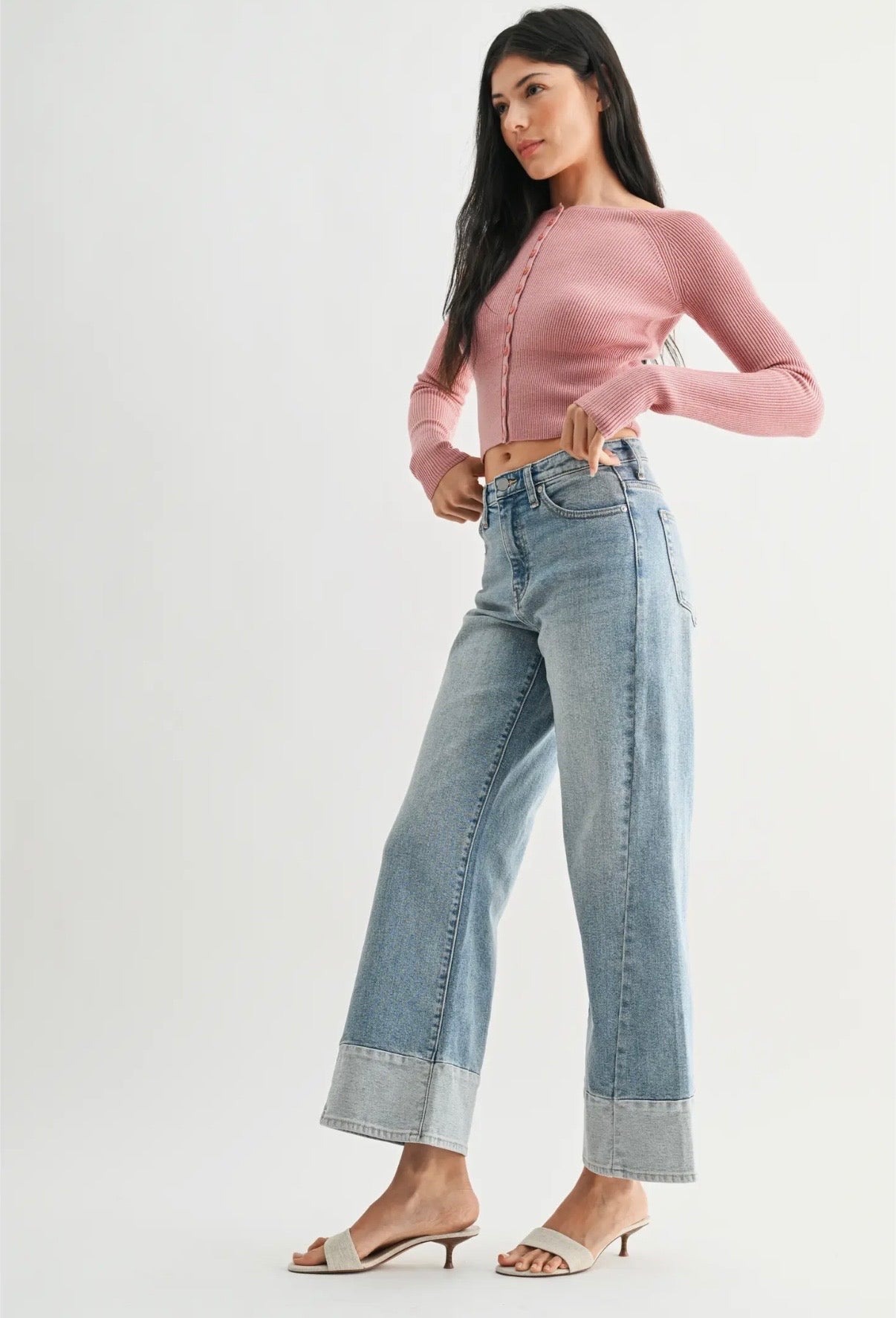 Two Toned Hem Seamed Slim Wide
Leg- Light Denim