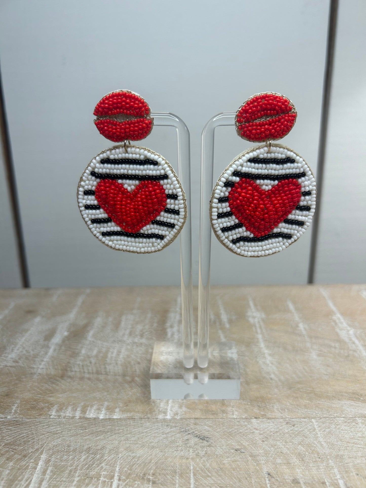 Beaded heart + lips earrings