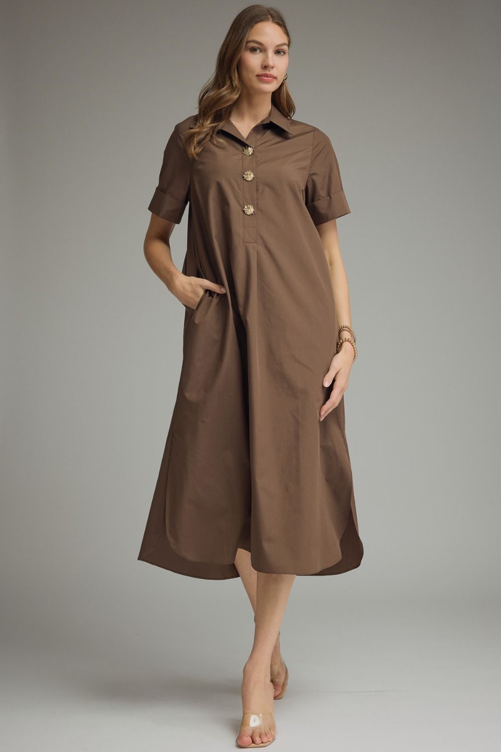 Short sleeve maxi dress with gold buttons (three colors!)