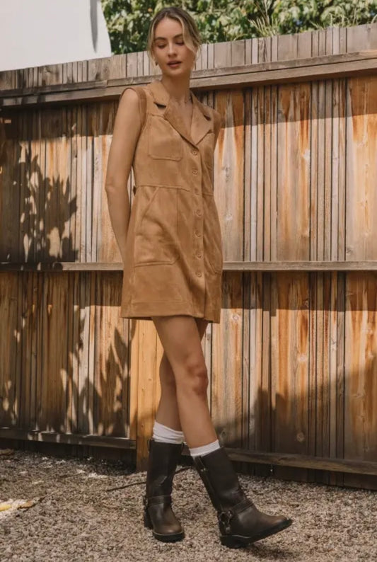 Sleeveless Faux Suede button down dress