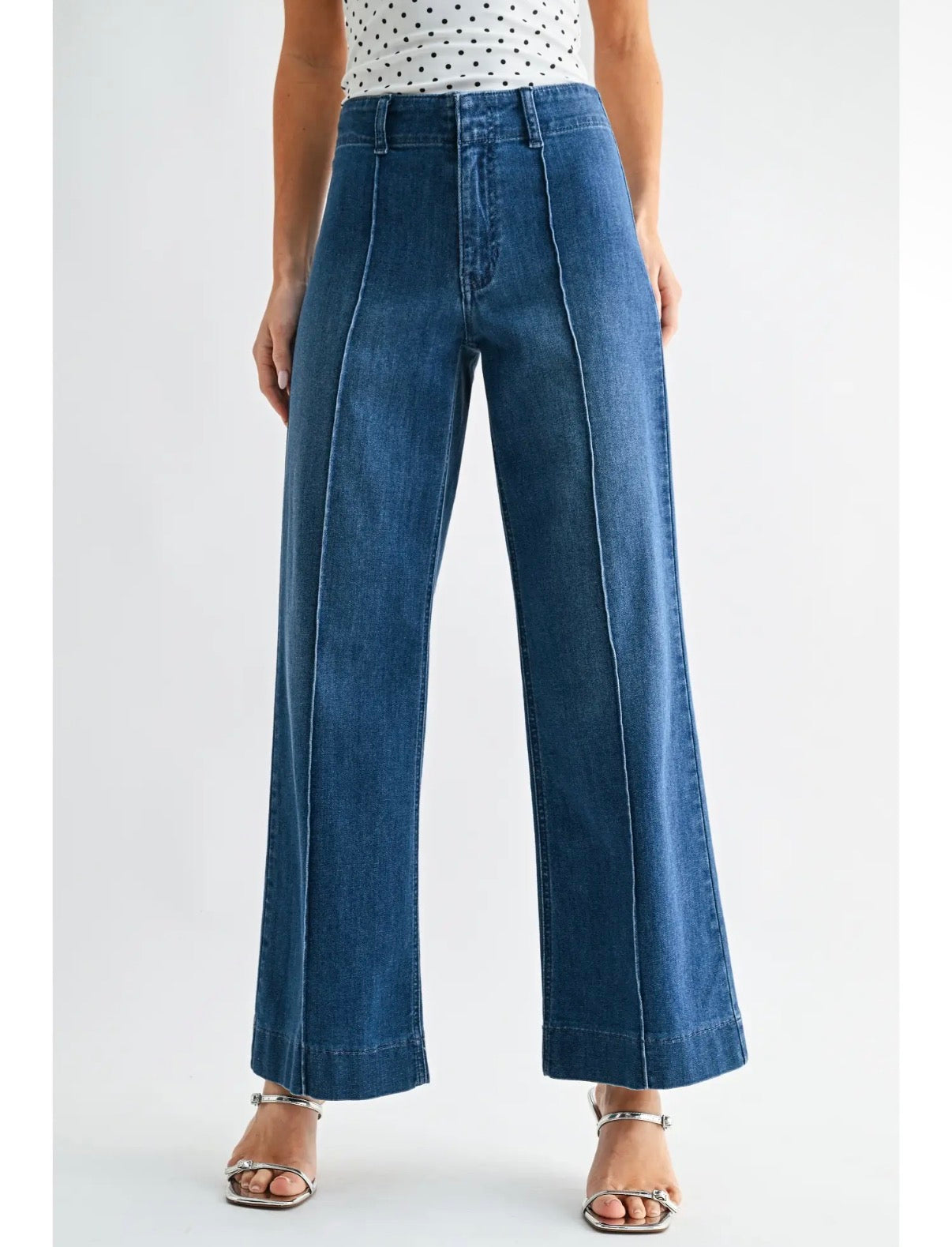 Pintuck High Rise Trouser Wide Leg-Medium Denim