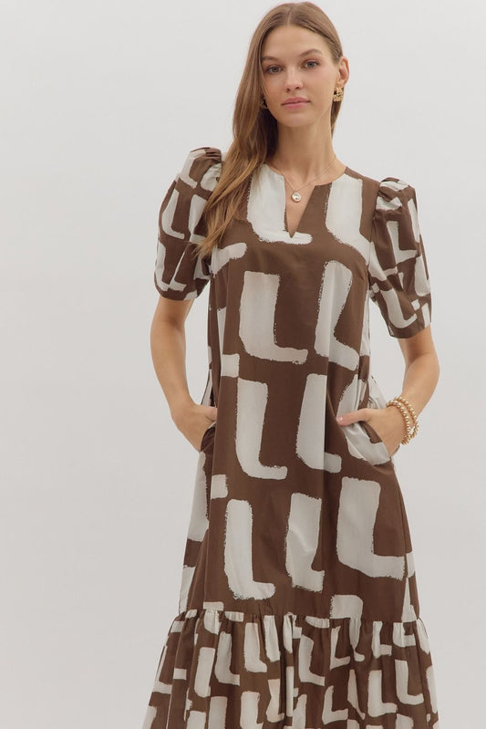 Printed puff sleeve midi dress (two colors!)