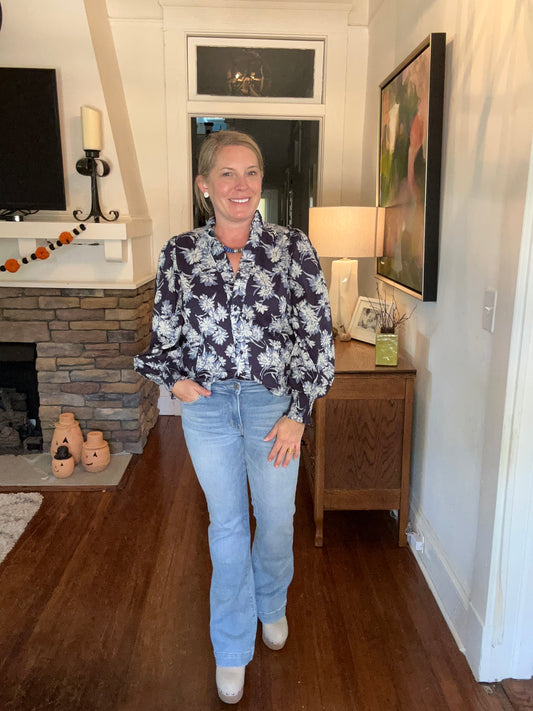 Blue and White floral button up