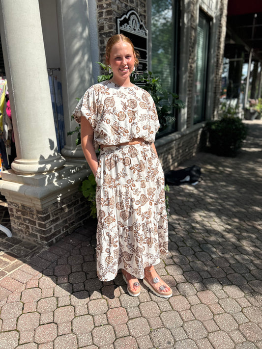 Brown bubble hem top + skirt set