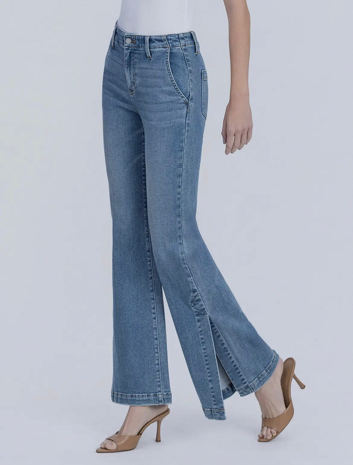 High Rise Medium Wash Slit Hem
Easy Flare Jeans