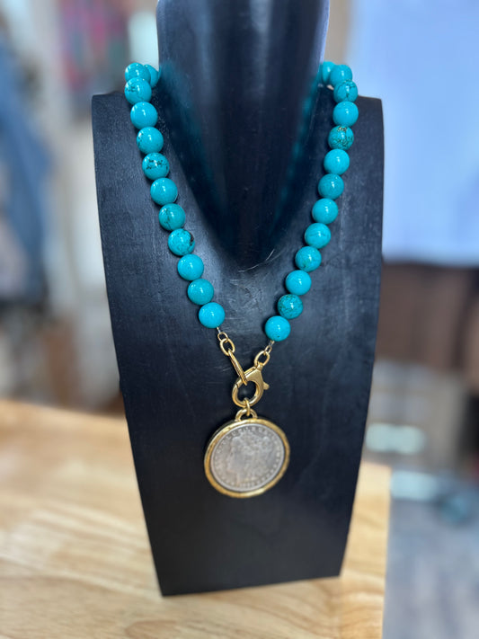 Turquoise beaded coin necklace