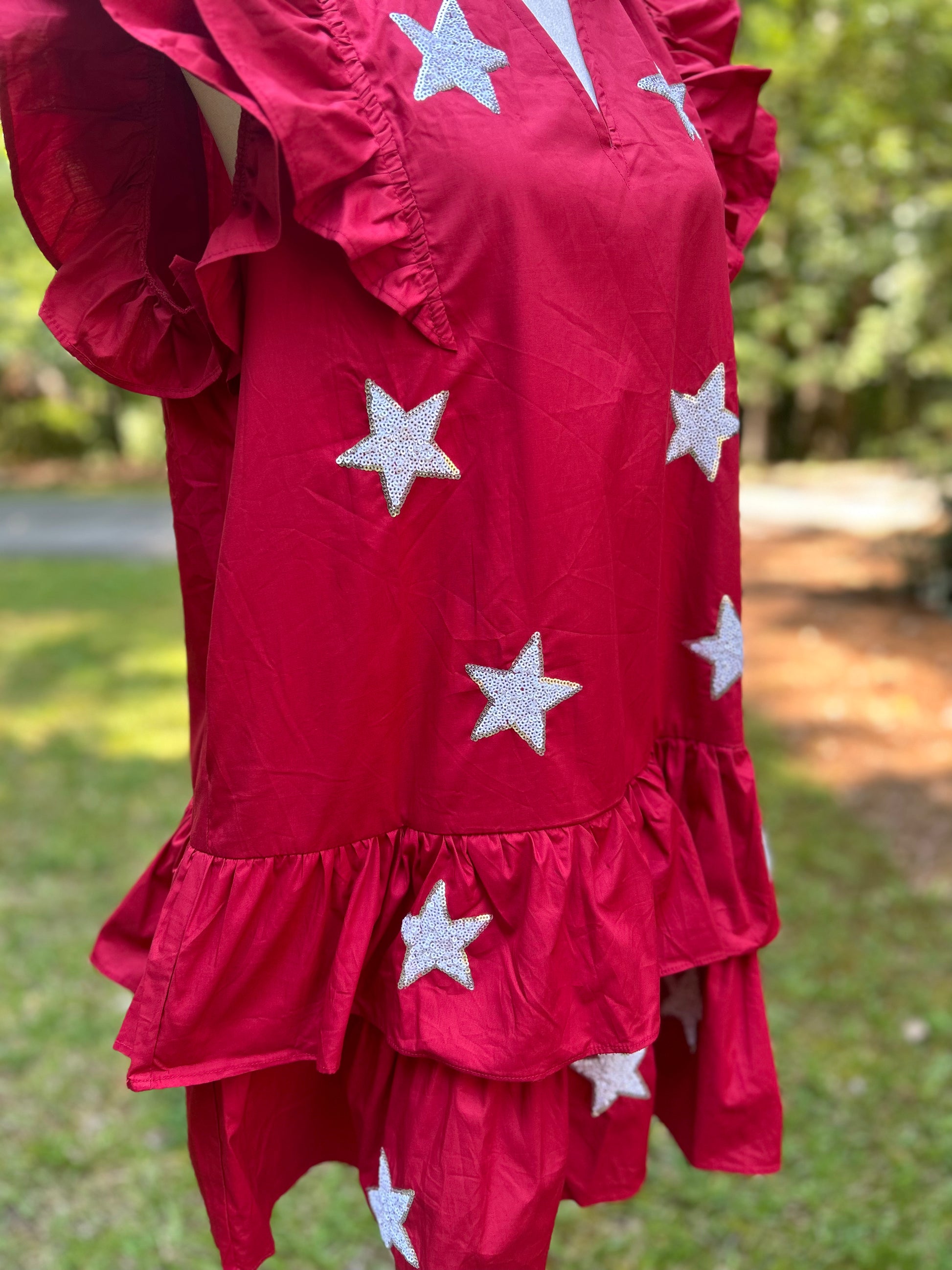 Gameday ruffled star sequin dress in crimson with white sequin stars. 