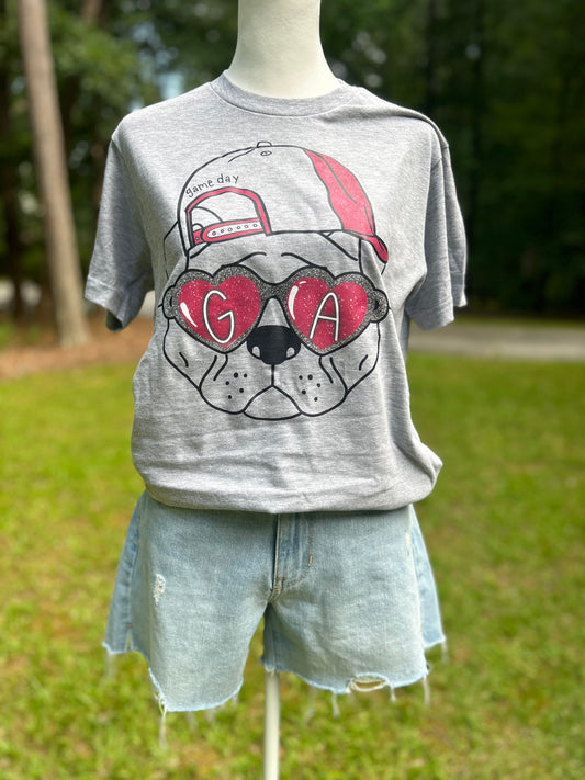 Gameday t-shirts with school mascot wearing glasses and backwards baseball hat. Fun way to stay comfortable and show your school spirit at the game!