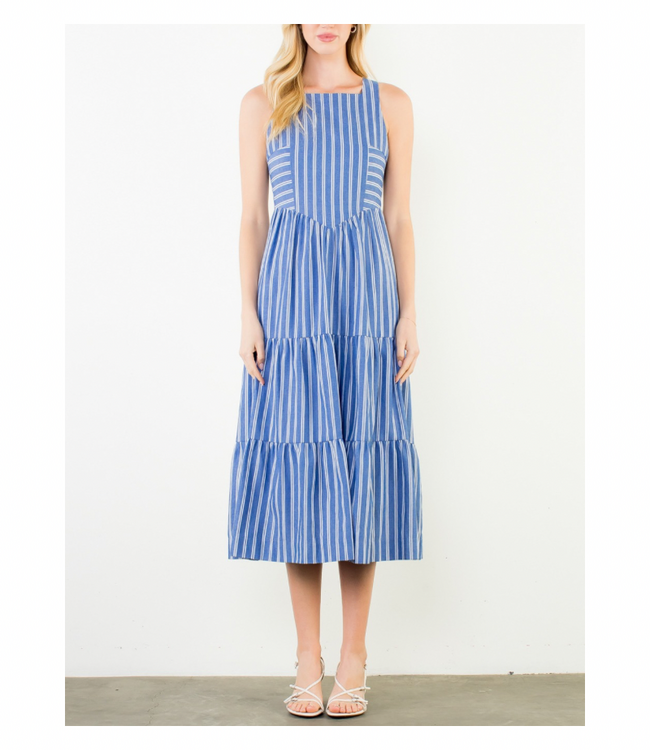 Blue and white stripe tie back dress