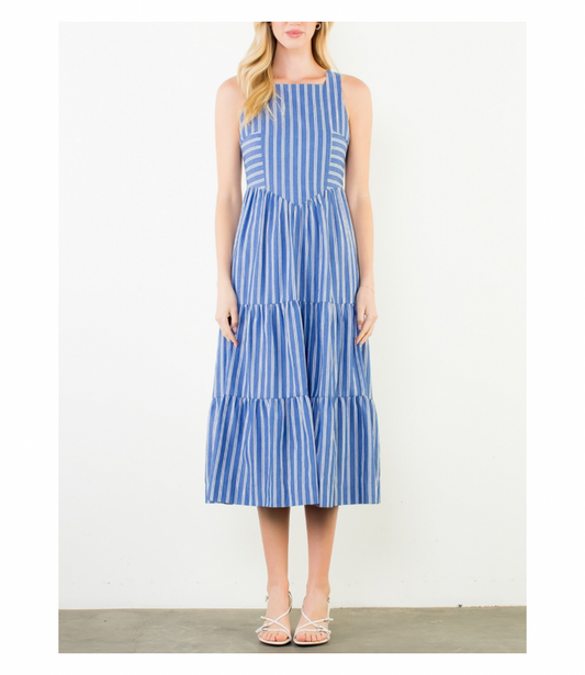 Blue and white stripe tie back dress