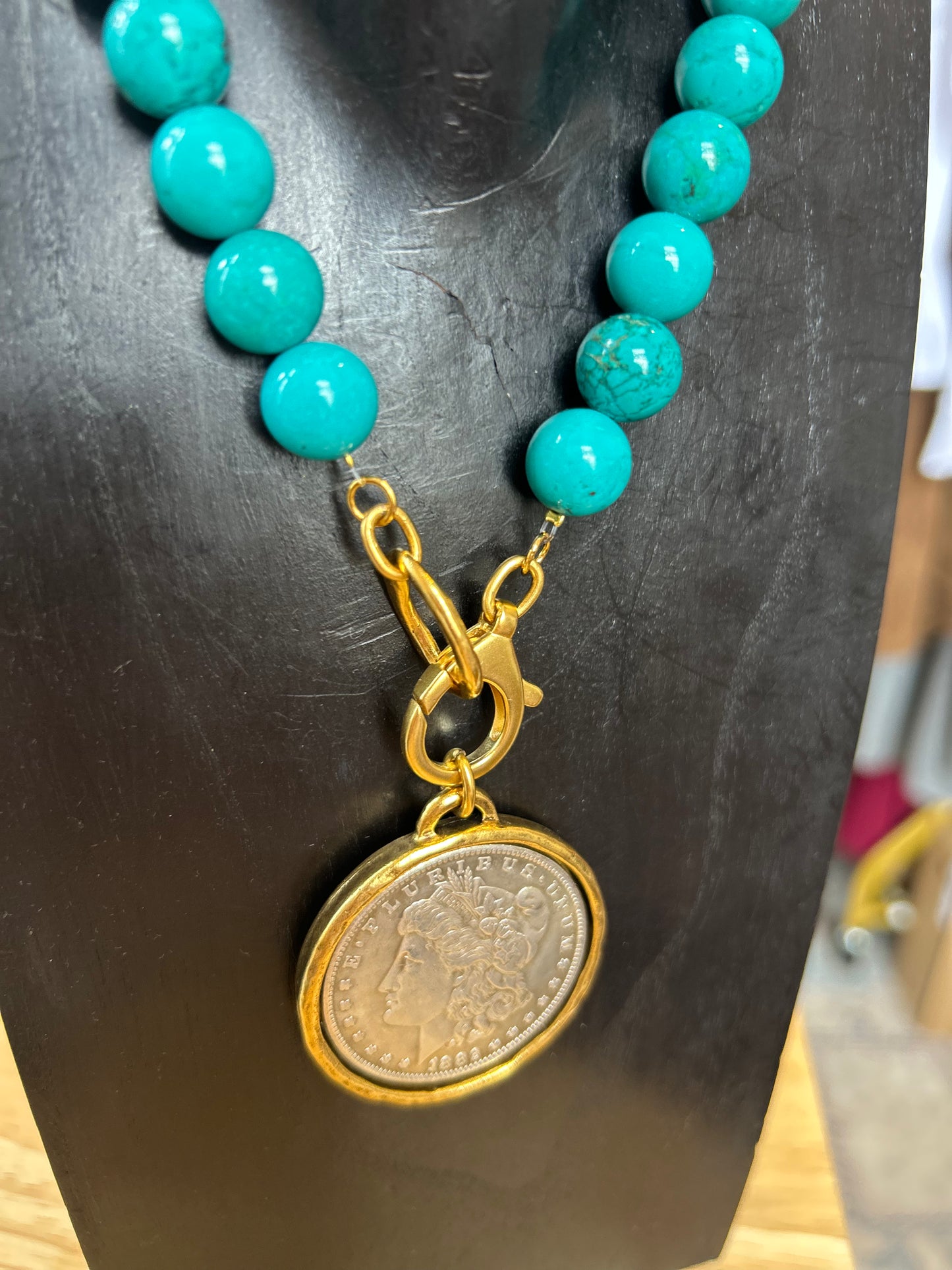 Turquoise beaded coin necklace