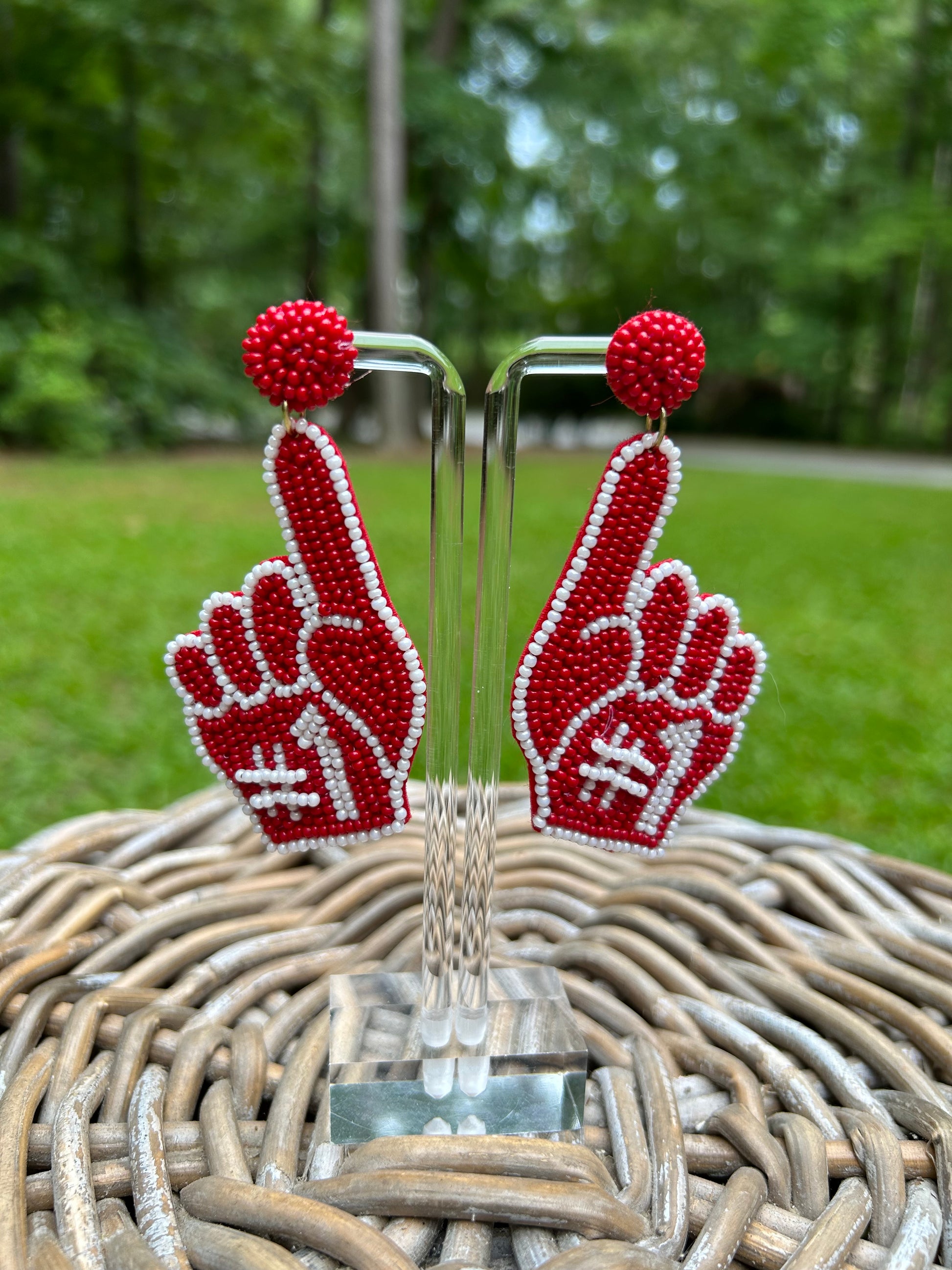 Lightweight, beaded earrings in number #1 finger. Colors are crimson and white for Alabama or other schools with those colors. 