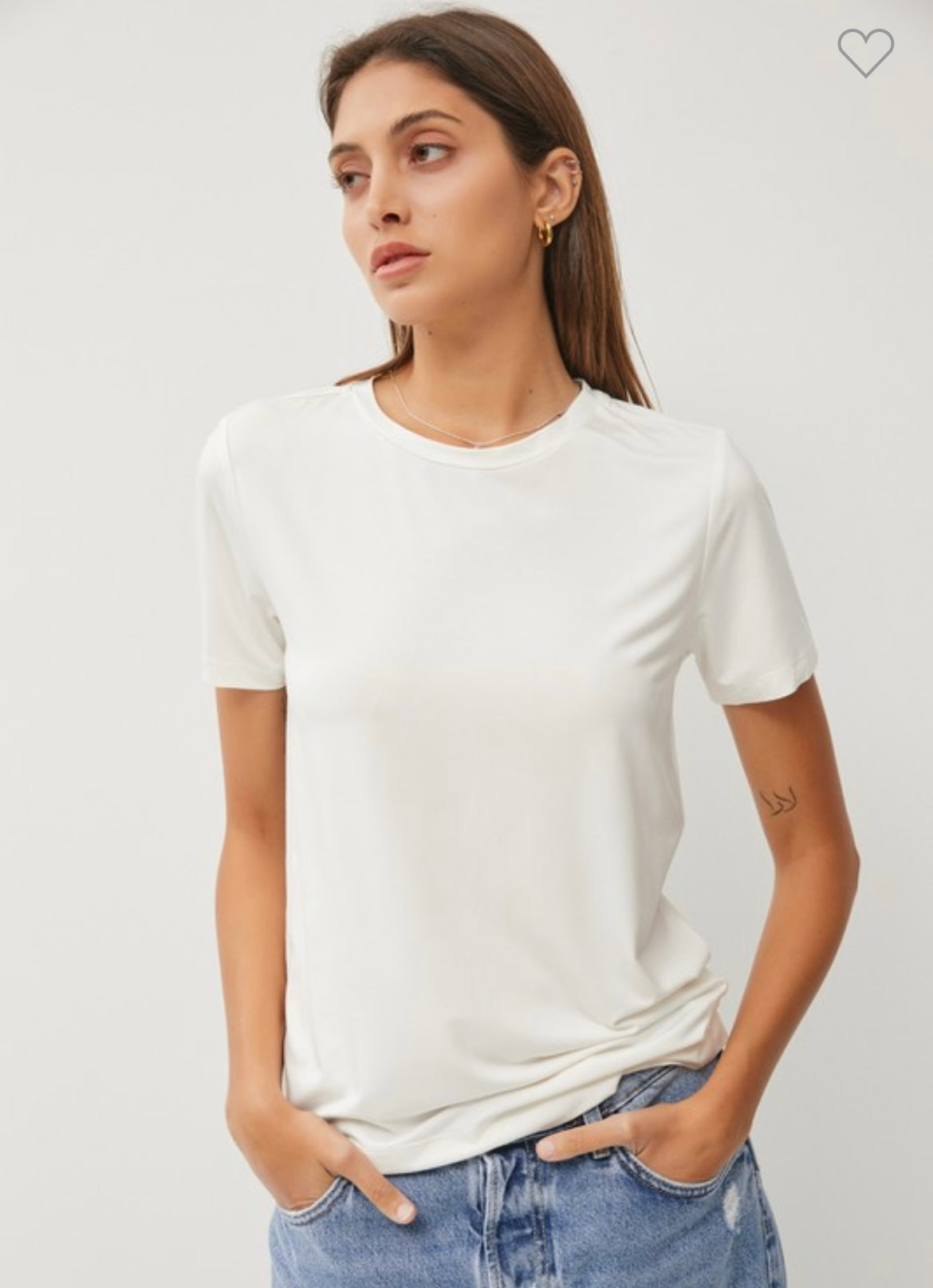 Off-white crew neck tee in a bamboo and modal blend. 