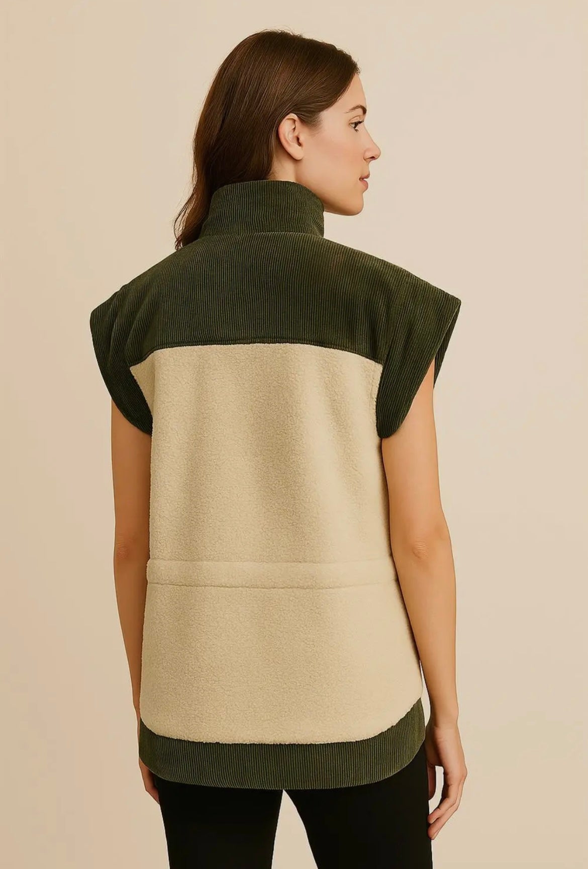 Woman wearing a two-tone vest with green and beige sections on a beige background