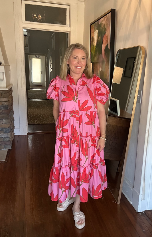 Palm Floral Tier Midi Dress by Karlie in pink and red 