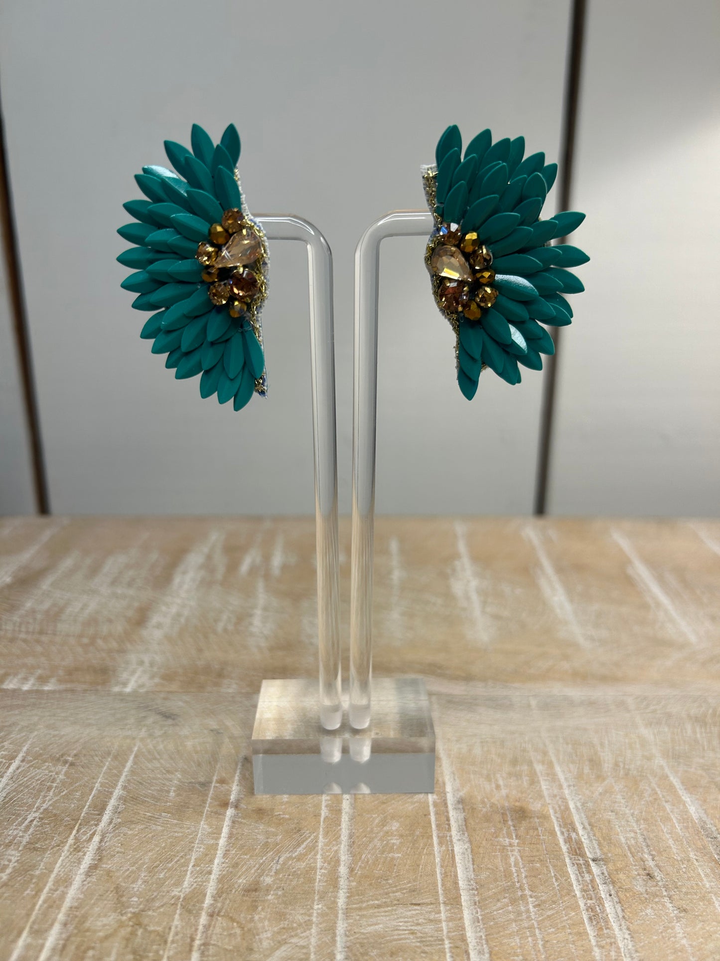 Sequin green and gold wing earrings 