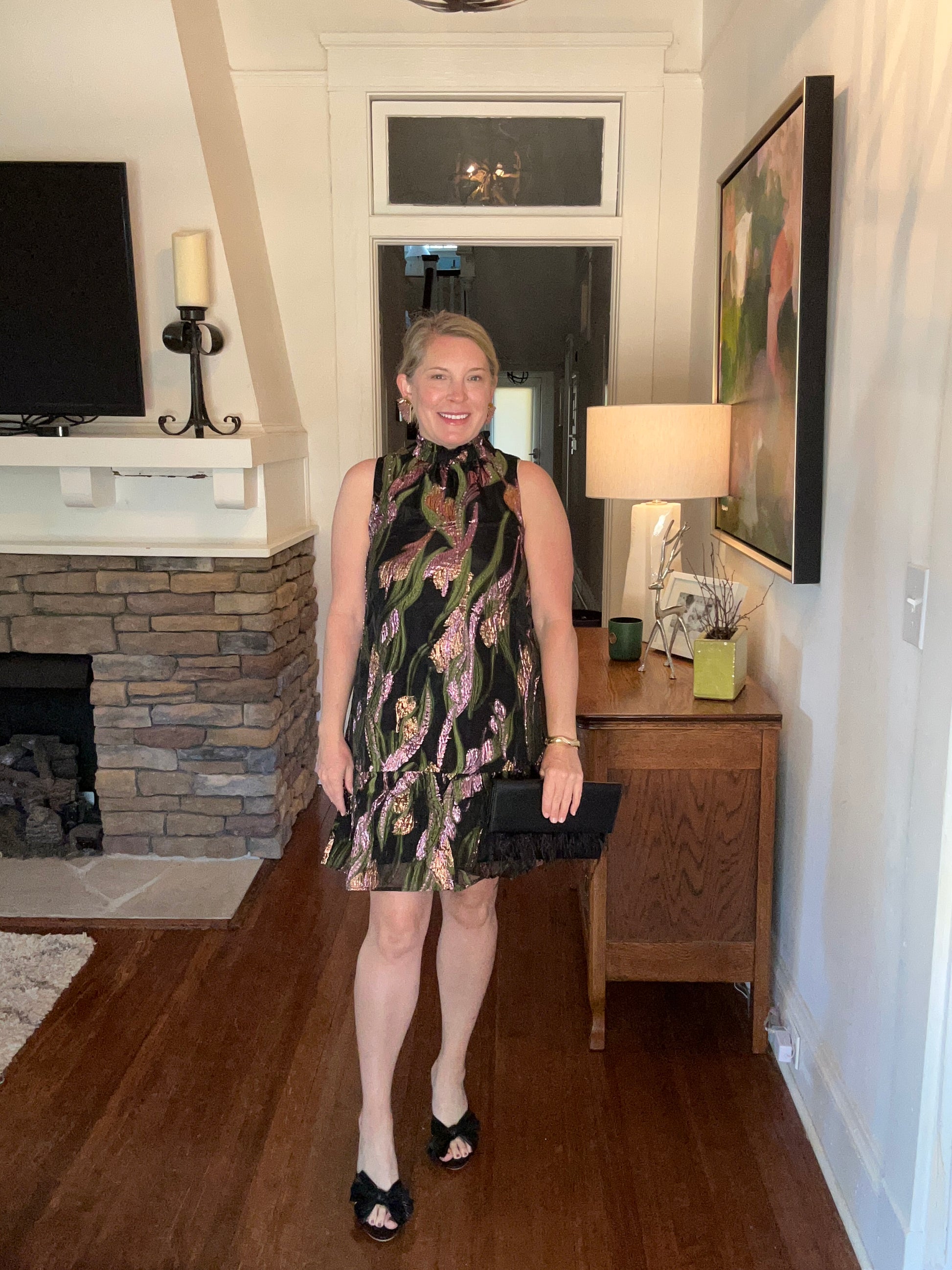 Sleeveless metallic dress by THML. Colors are black, pink and green. 