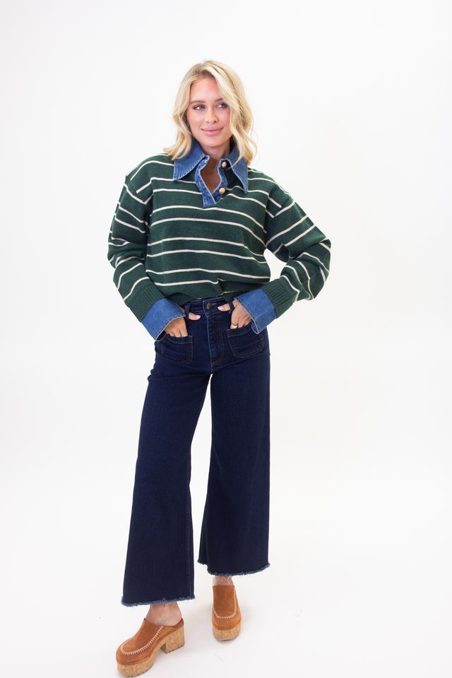 Stripe Varsity Denim Collar Sweater