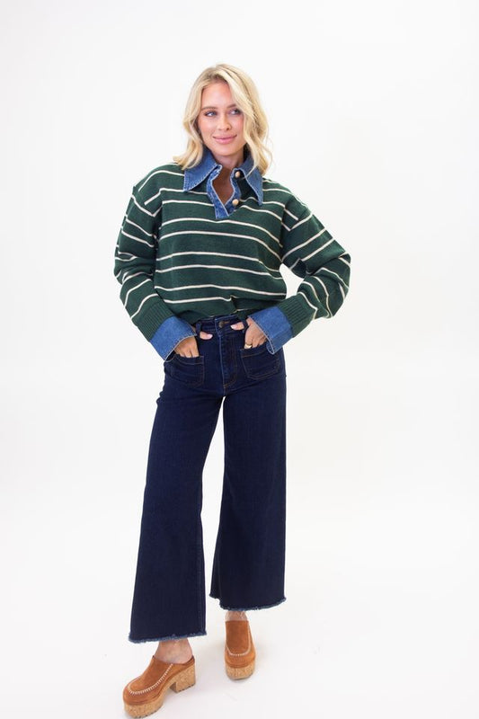 Stripe Varsity Denim Collar Sweater