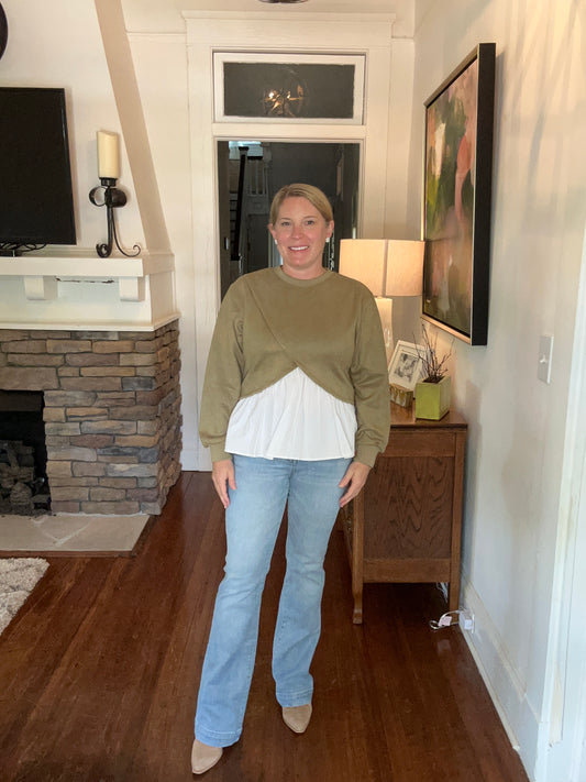Longsleeve faux suede in olive green with poplin contrast at the bottom