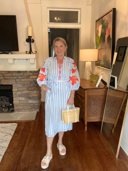 Blue and white striped dress with embroidered sleeves by THML