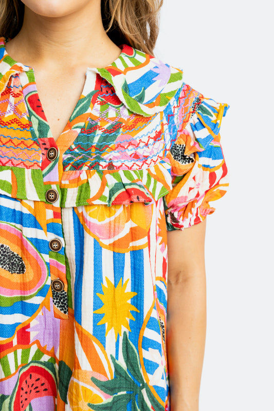Short sleeve dress with tropical fruits and smocked collar by Karlie 