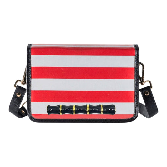 Red and White Thick Stripe Clear Stadium Bag with Black Bamboo Stick