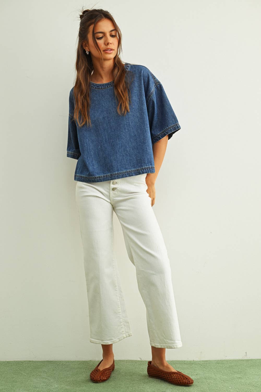 Round Neck Short Sleeve Denim Top