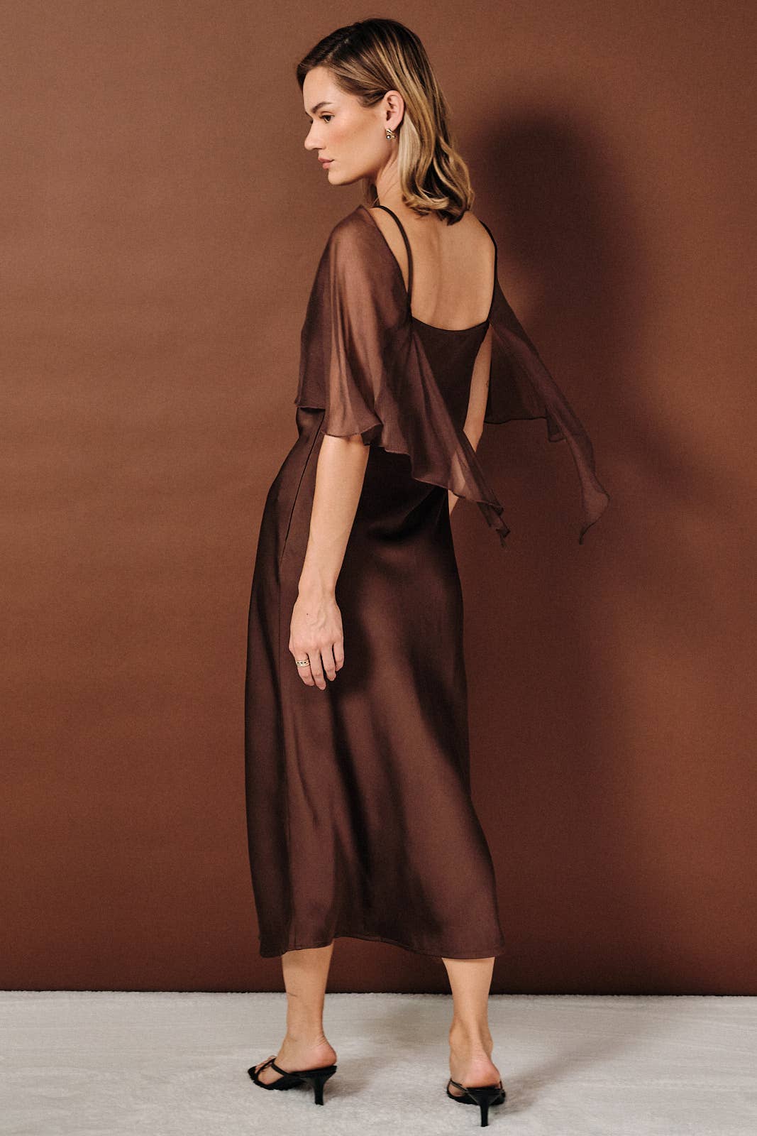 Sheer Chiffon Cape Overlay Satin Boat Neck Slip Midi Dress