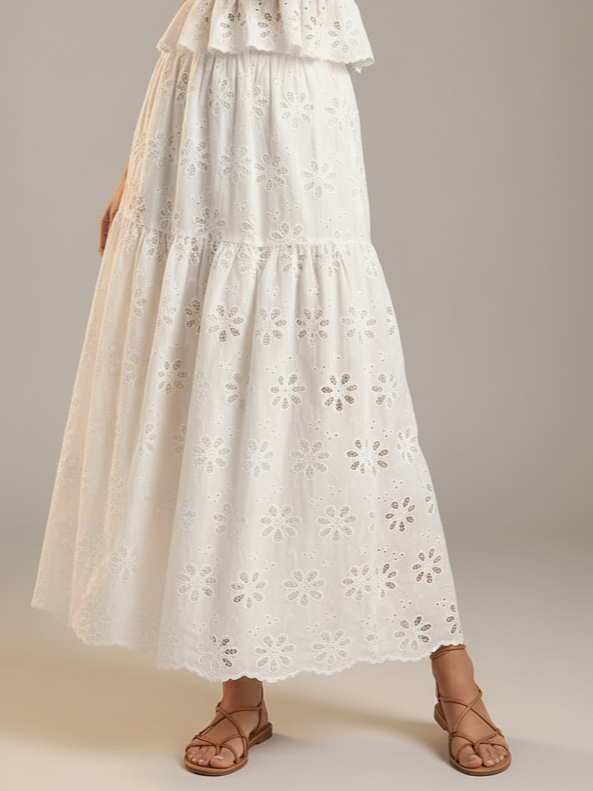 Eyelet Tiered Midi Skirt