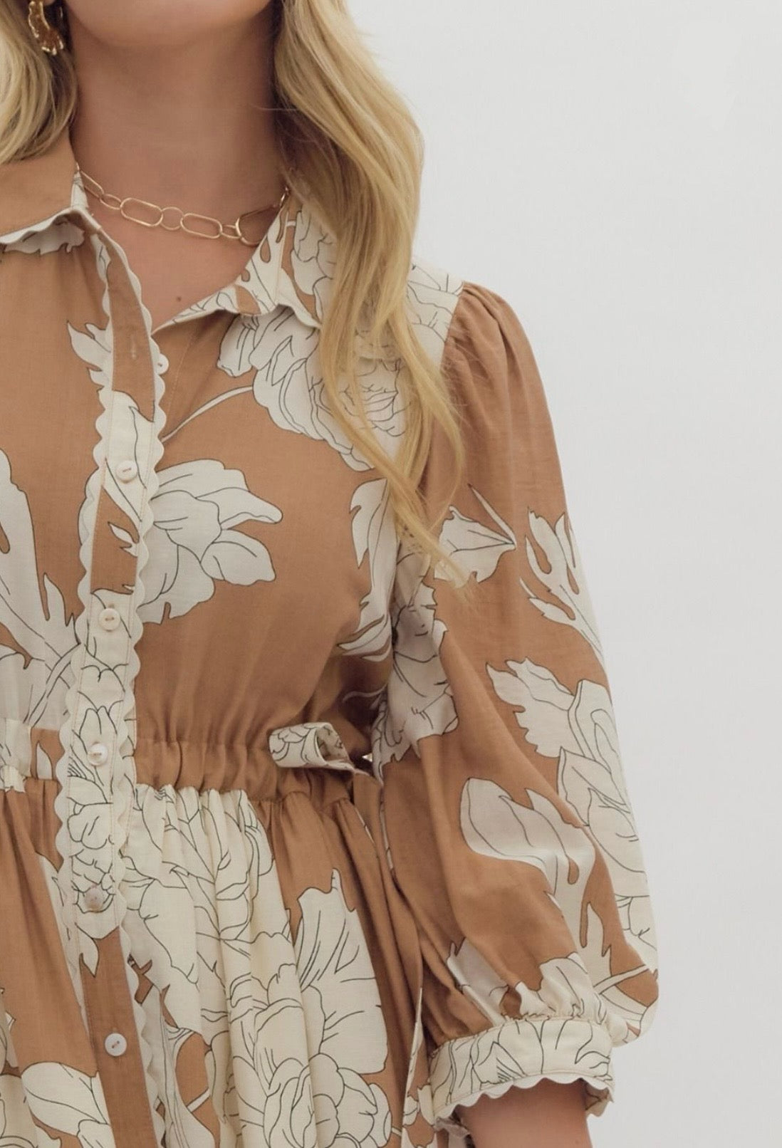 brown floral long dress with scallop detail