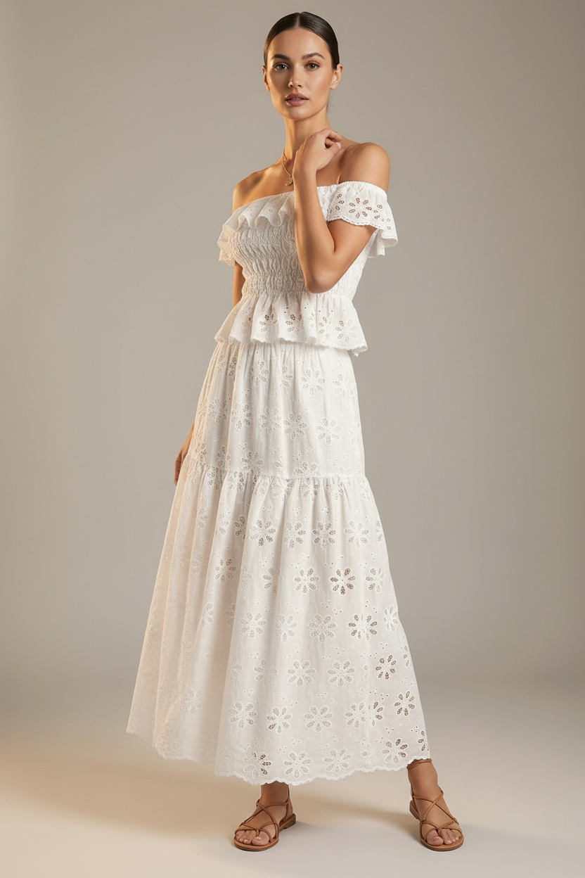 Eyelet Tiered Midi Skirt