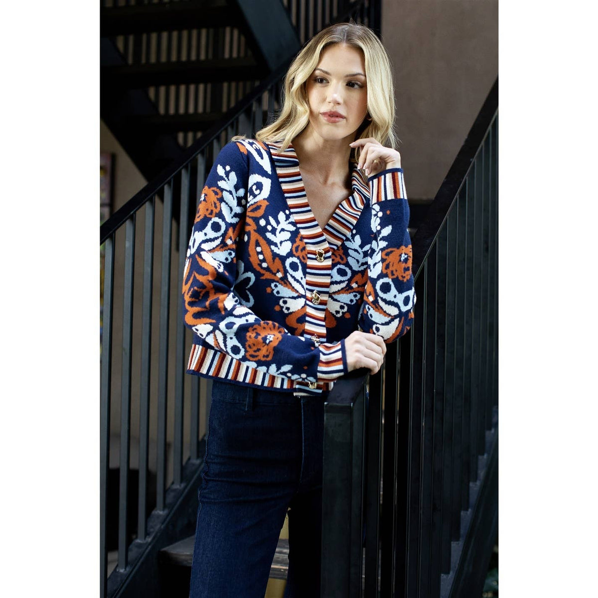 Floral V-Neck Cardigan With Gold Buttons