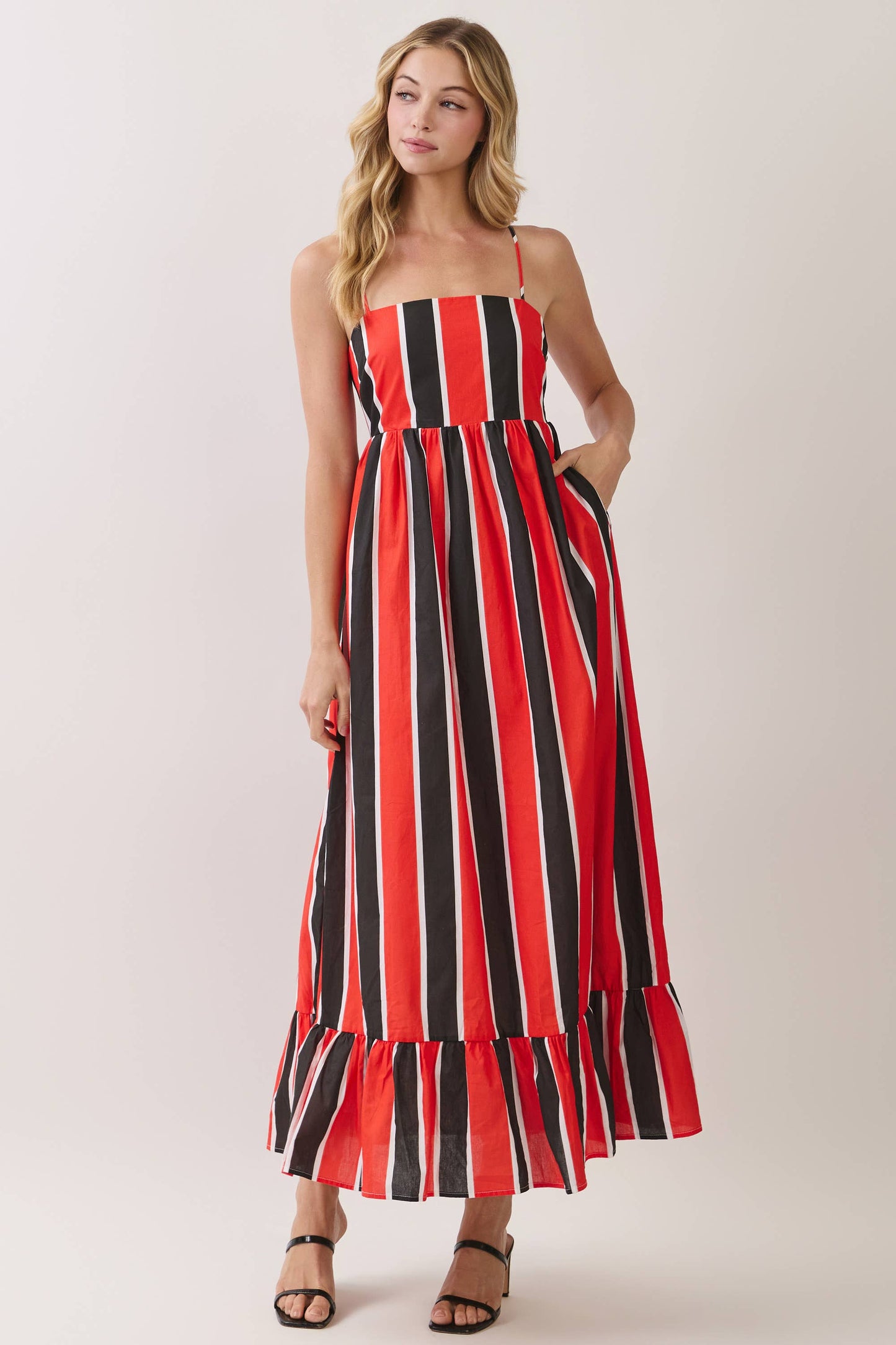 Striped Back Smocked Detail Side Pocket Maxi Dress