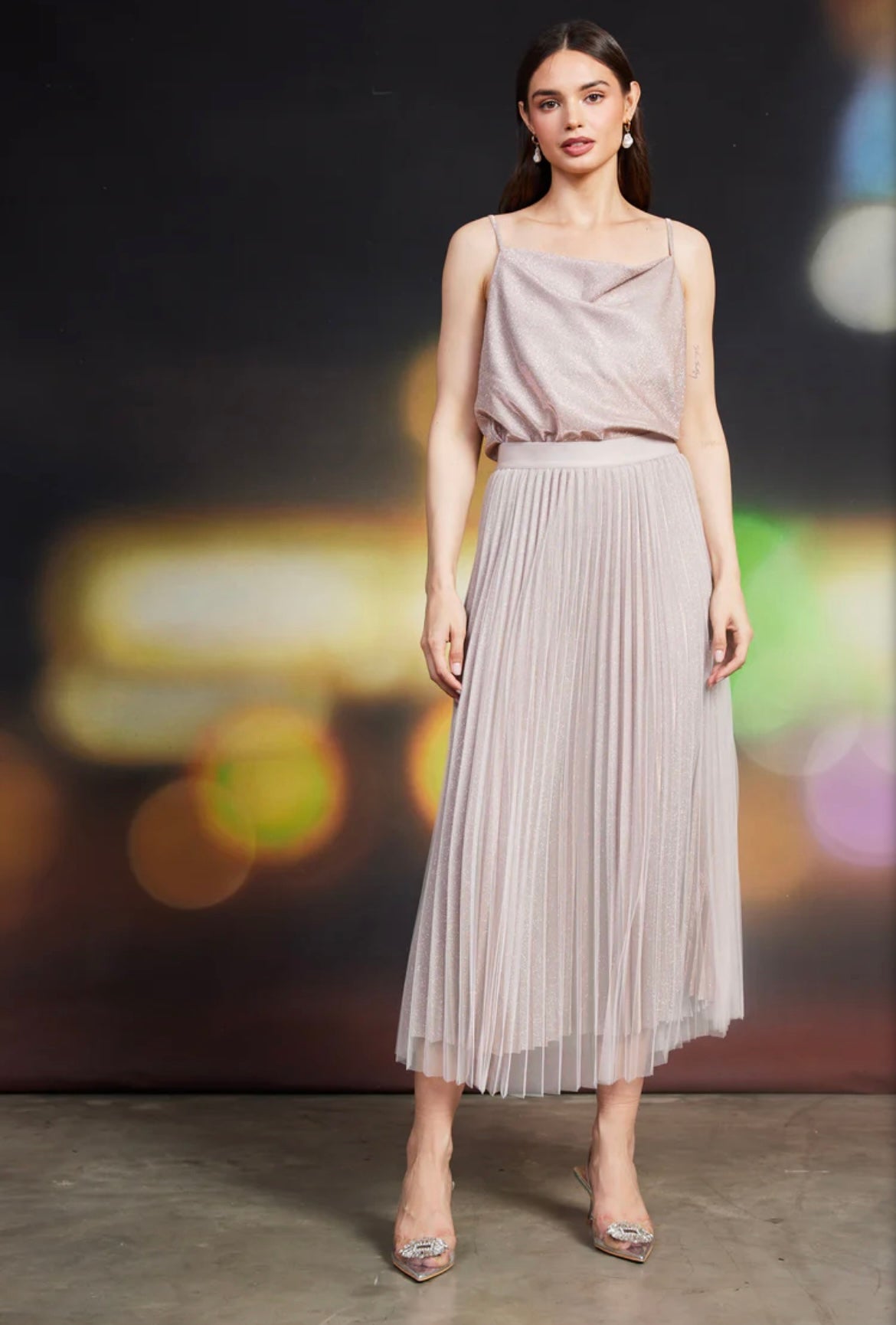 elastic waist blush pleated skirt