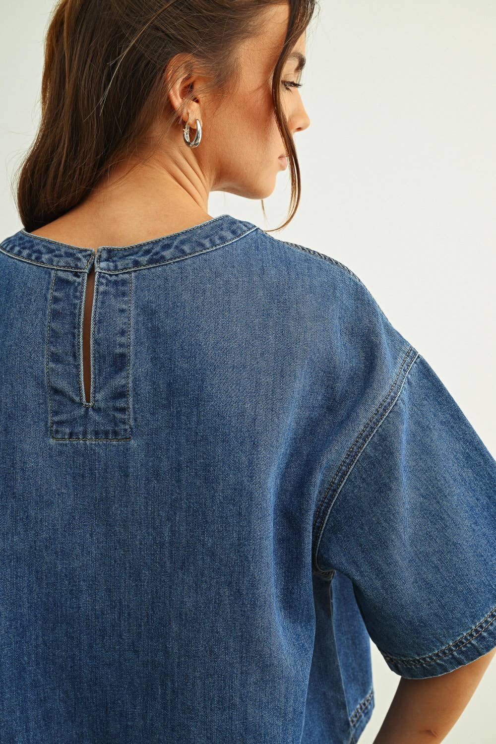 Round Neck Short Sleeve Denim Top
